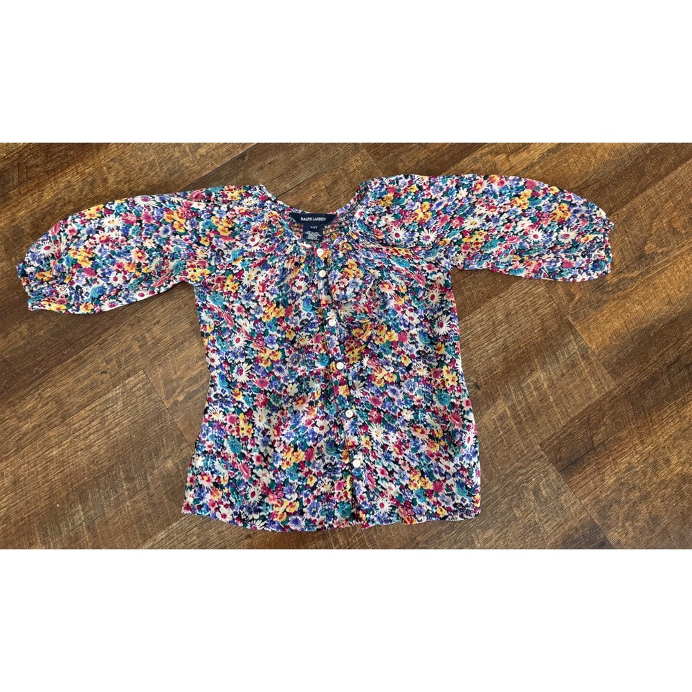 Ralph Lauren Girls 3T Floral Sheer Ruffle Button Down Peasant Blouse